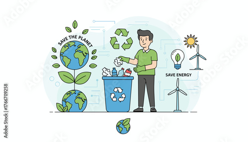Vivid illustration of a person recycling waste into a blue bin, promoting environmental conservation and the concept of saving the planet with Earth icons and green leaves, alongside renewable energy
