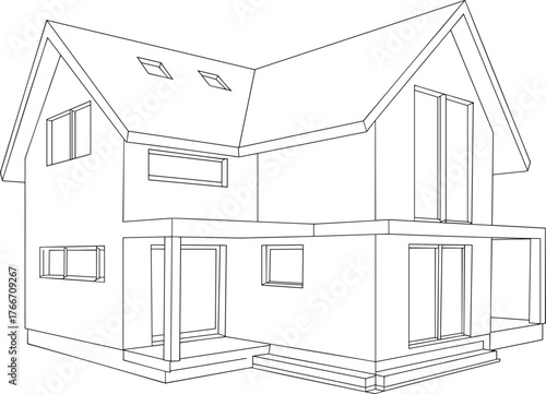 CAD drawing flat vector, modern two story house illustration, architectural blueprint design, residential building elevation, contemporary home exterior diagram
