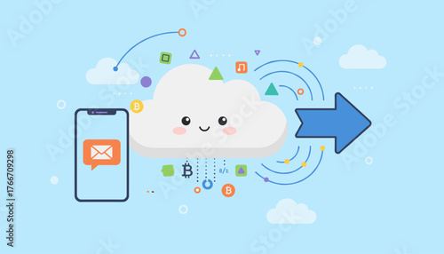 Vivid flat illustration of a cute, smiling cloud character facilitating data processing and storage, connected to a smartphone displaying an email icon, with various geometric shapes and Bitcoin