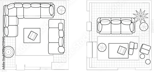 CAD drawing flat vector, living room layout comparison, interior furniture arrangement design, top view home blueprint, modern space planning diagram illustration