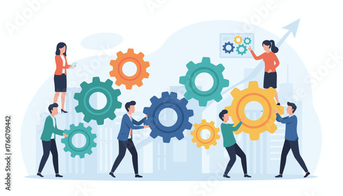 Diverse team of professionals collaborating and assembling gears, symbolizing teamwork, cooperation, and business success, with a growth arrow indicating progress and achievement in a modern