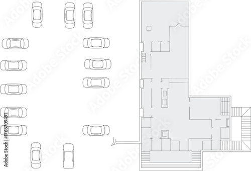 CAD drawing flat vector, parking lot with snowplow vehicle, architectural building floor plan, top view blueprint, urban planning diagram, facility layout