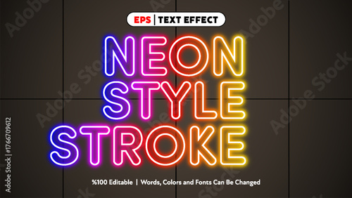 Neon stroke text effect colorful glowing letters editable vector design for creative typography and digital artwork