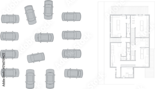 CAD drawing flat vector, car top view illustration, architectural building floor plan, vehicle orientation diagram, urban planning design, residential layout blueprint