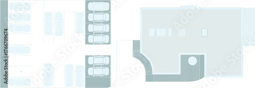 CAD drawing flat vector, architectural parking lot plan, building layout design, top view blueprint, commercial facility illustration, urban planning diagram