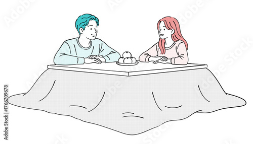 コタツに入りみかんを食べる男女の線画イラスト,冬,暖房,団らん,生活,ベクター