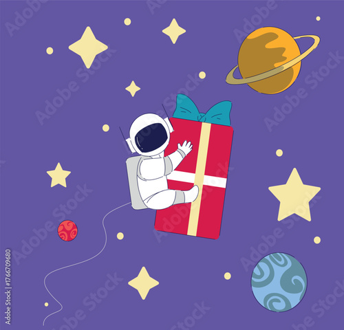 An Astronaut joyfully celebrating in space with vibrant planets and gifts, radiating adventure