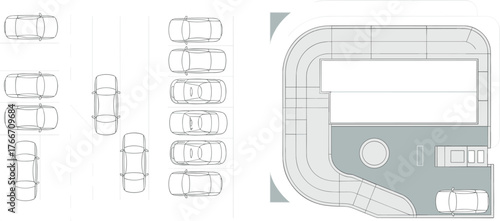 CAD drawing flat vector, parallel parking illustration, architectural building floor plan, top view street design, urban planning diagram, vehicle maneuver layout