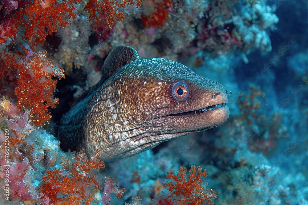 Fototapeta premium Underwater Moray. Predatory fish underwater. Moray eel in the underwater world.