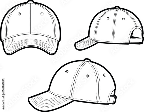 Baseball cap front view, side view, angled view, technical fashion illustration, flat vector, CAD drawing, isolated silhouette, apparel design