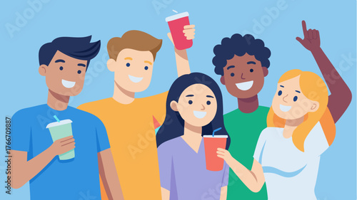 A group of teenagers excitedly snapping selfies with their drinks in hand capturing the moment of friendship and fun.