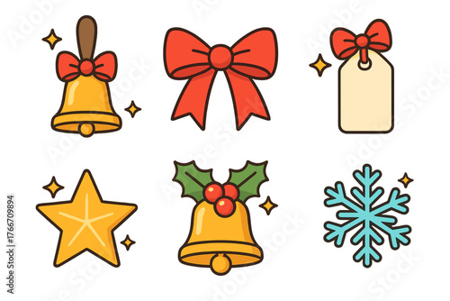 Colorful set of Christmas and winter holiday icons including bells, bows, star, snowflake, and gift tag