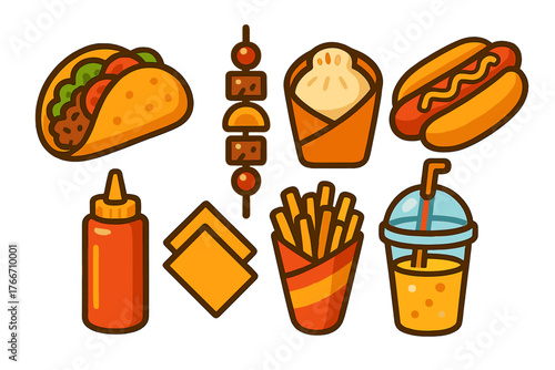 Classic street food items including hot dog, taco, french fries, kebab, and soda beverage