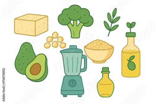 Assortment of healthy plant-based ingredients including avocado, tofu, broccoli, oil, and kitchen blender