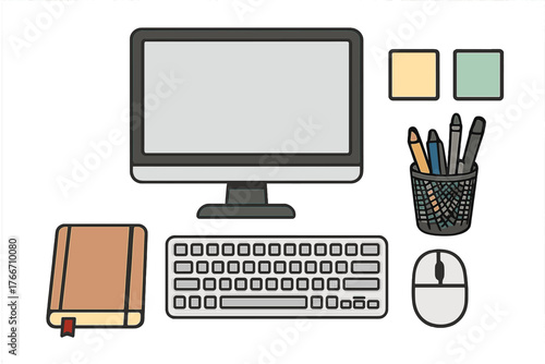 Modern flat lay desktop workspace with computer monitor keyboard and stationery