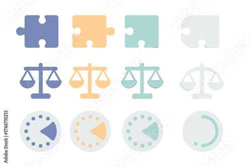 Soft pastel colored icons of puzzle pieces, scales of justice, and countdown timers for business