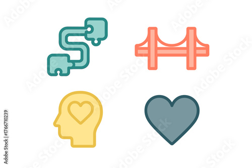 Abstract icons representing emotional well-being, strategic process flow, and structural connection