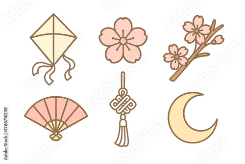 Traditional East Asian cultural symbols set including cherry blossom, kite, fan, and lucky knot