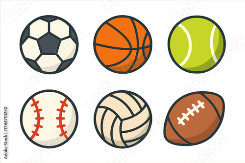 Set of popular sports balls: soccer, basketball, tennis, baseball, volleyball, and football