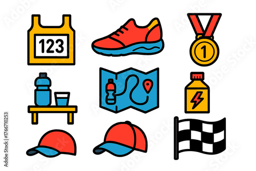 Essential marathon running gear and accessories including shoe, medal, map, and bib