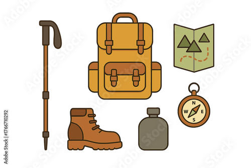 Set of essential hiking and camping equipment including backpack, boot, map, compass, and trekking pole