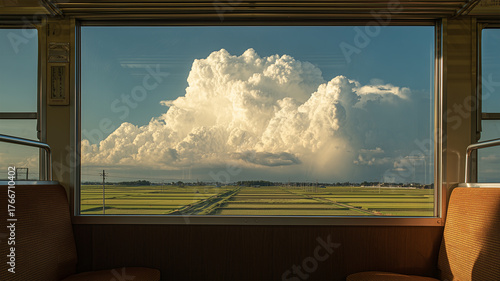 列車の窓に広がる入道雲と光の筋が田園を照らす夏の午後の瞬間