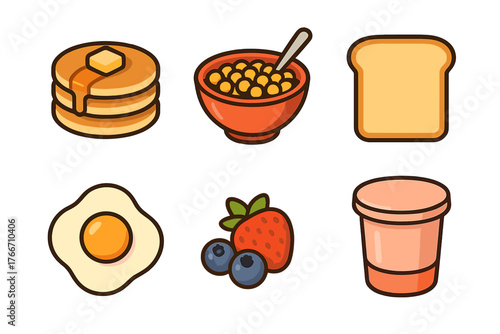 Classic breakfast food assortment featuring pancakes, cereal, toast, fried egg, and fresh berries