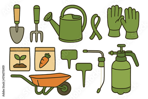 Collection of essential gardening tools and equipment including wheelbarrow and watering can