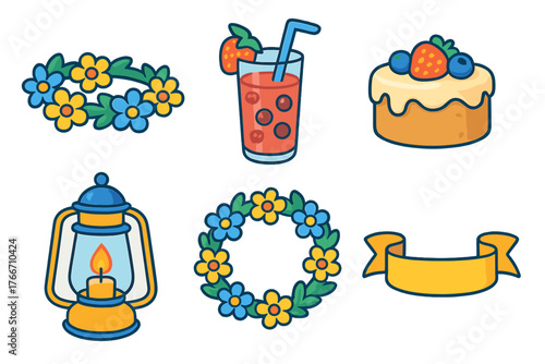 Colorful collection of summer and celebration objects: floral wreaths, sweet dessert, refreshing beverage, and vintage lantern
