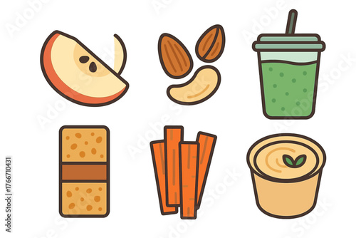 Set of six healthy snacks including apple, almonds, smoothie, cracker, carrots, and hummus dip