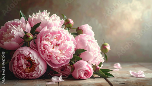 Beautiful bouquet of pink peonies lying on a rustic wooden table, creating a romantic and elegant floral still life.