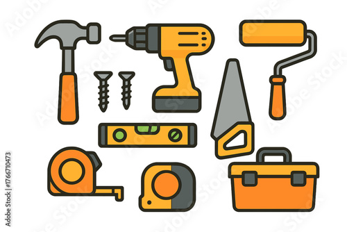 Collection of essential construction and home repair tools including hammer, drill, saw, and level