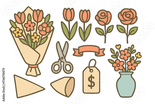 Set of floral elements including bouquets, roses, tulips, scissors, and price tag for flower shop design