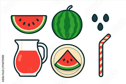 Fresh watermelon fruit, slices, seeds, juice pitcher, and striped drinking straw collection