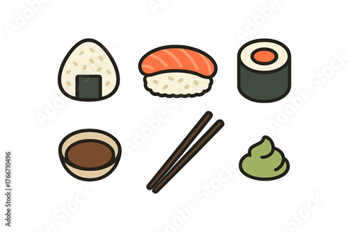 Japanese cuisine icon set featuring sushi, onigiri, chopsticks, soy sauce, and wasabi