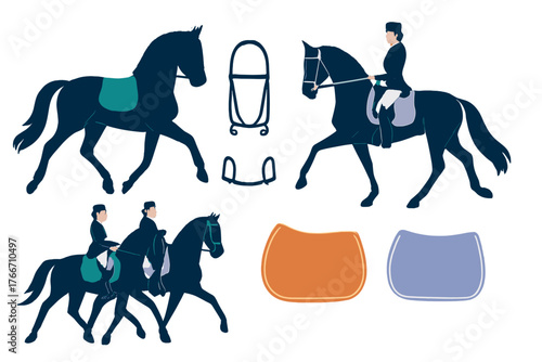 Collection of dressage horses and riders with equestrian gear including saddle pads and stirrups