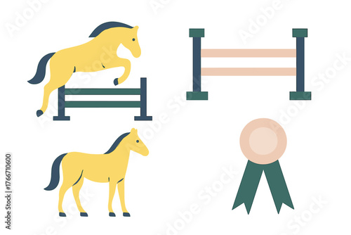 Set of equestrian sport elements including jumping horse, standing animal, obstacle, and award rosette