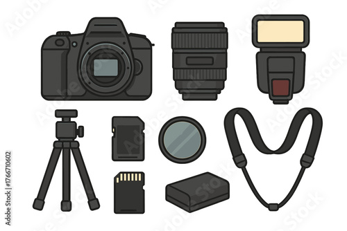 Professional photography equipment collection featuring camera body lens and accessories
