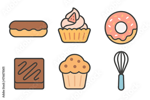 Sweet baked goods set including donut, eclair, cupcake, muffin, brownie, and kitchen whisk