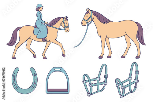 Detailed collection of equestrian sports elements, horse, rider, horseshoe, stirrup, and tack