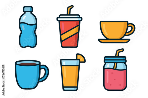 Colorful set of six beverage icons: water bottle, soda, coffee, tea, juice, and smoothie