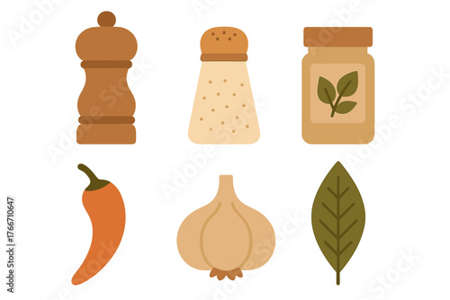 Kitchen spices and seasonings set including pepper mill salt shaker chili garlic and herbs
