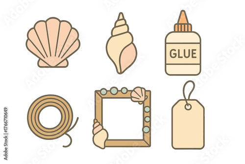 Crafting and beach theme elements including seashells, glue, rope, decorative frame, and blank tag