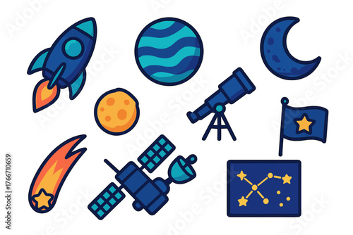 Colorful space exploration icons featuring rocket, planets, telescope, satellite, and moon