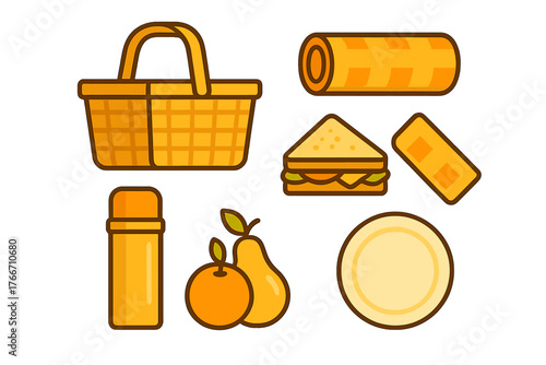 Set of essential items for an outdoor picnic including a wicker basket, blanket, food, and thermos