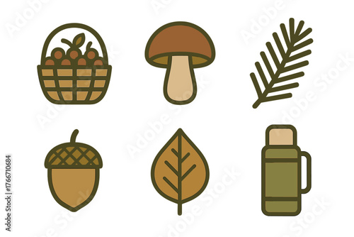 Autumn forest harvest and hiking essentials including mushroom acorn leaf and thermos