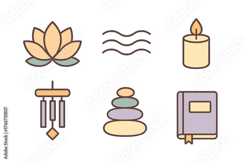 Pastel colored wellness and relaxation icons set featuring lotus flower, burning candle, and stacked zen stones