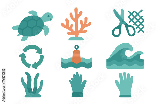 Marine conservation symbols featuring sea turtle, coral reef, recycling, and ocean cleanup tools