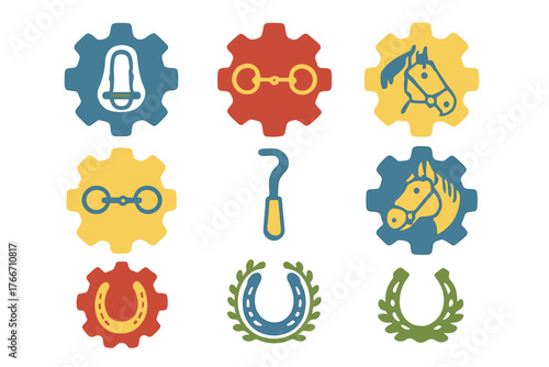 Colorful gear shapes integrating symbols of agriculture and equestrian equipment like horseshoes and bits