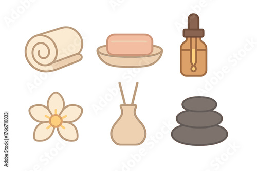 Minimalist spa and wellness icons featuring essential oil, rolled towel, soap, flower, diffuser, and stacked stones